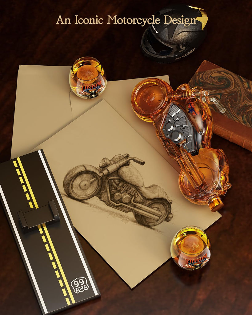 Motorcycle Whiskey Decanter Gift Set with 2 Glasses, Flag