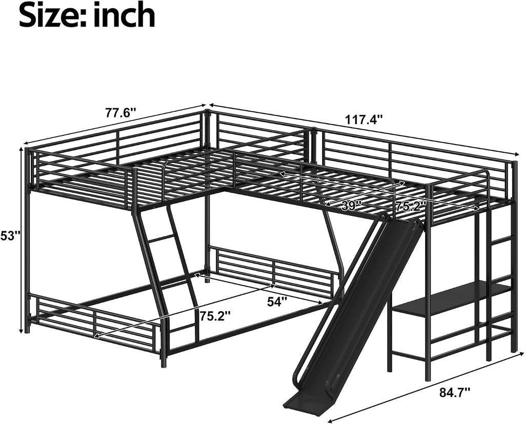 Triple Bunk Beds, L-Shape Twin Over Full Bunk Bed Attached a Loft Bed with Desk, Triple Bunk Beds with Slide