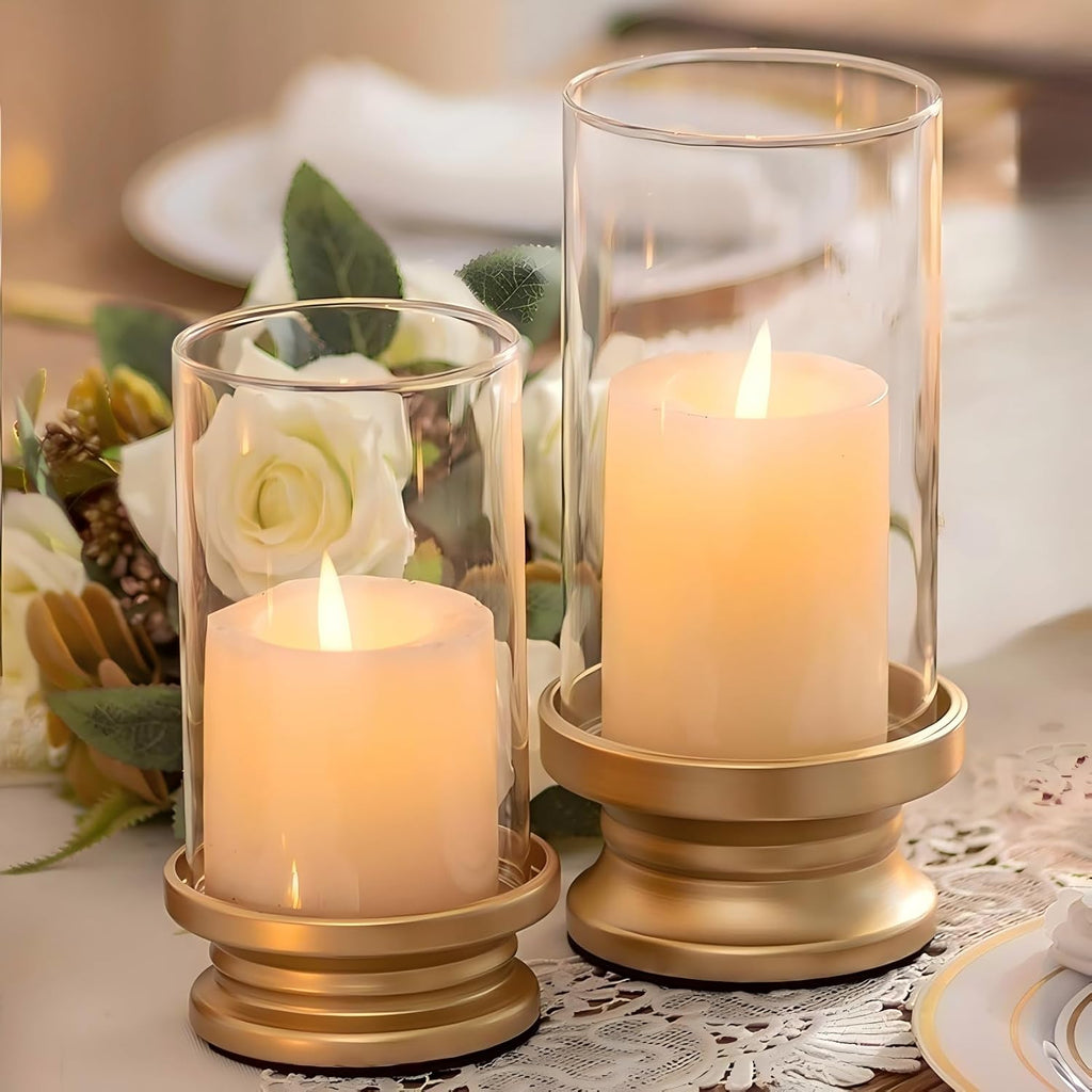 Hurricane Candle Holder Gold: Pillar Candle Holders with Clear Glass Sleeve - Set of 2 Decorative Brass Metal Pillars