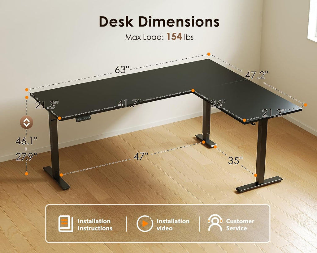 63 Inch Reversible L Shaped Electric Standing Desk, Height Adjustable Corner Stand up Desk