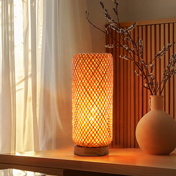 Bamboo Table Lamp, Boho Rattan Bedside Lamp, Vintage Wicker Wooden Nightstand Lamp Shade Rustic Farmhouse Indirect