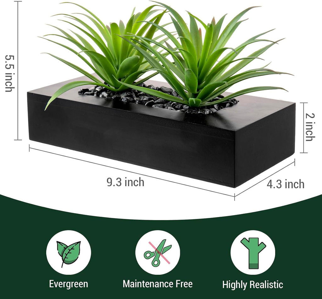 10 Inch Fake Grass Artificial Plants in Rectangular Black Wood Planter - Faux Plants Indoor for Tabletop Centerpiece