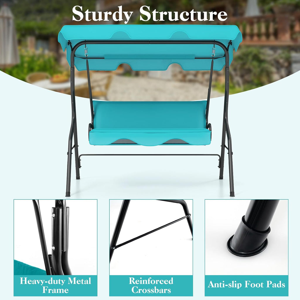 Porch Swing Outdoor, 3 Person Patio Swing w/Removable Cushion, Stand & Adjustable Canopy, Heavy Duty Swing Chair