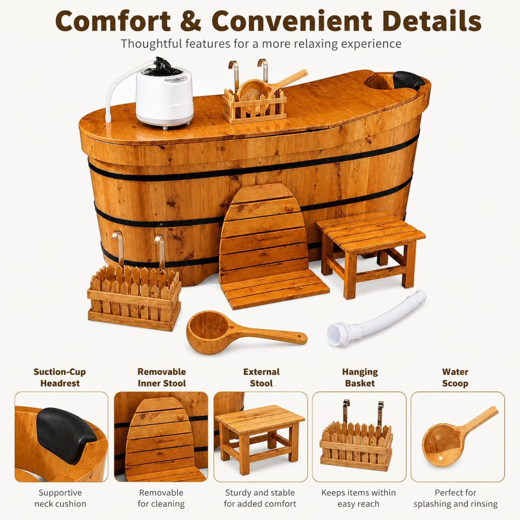 47" Cedar Wood Japanese Soaking Tub - Adult Wooden Bathtub with Steam Package & Accessories