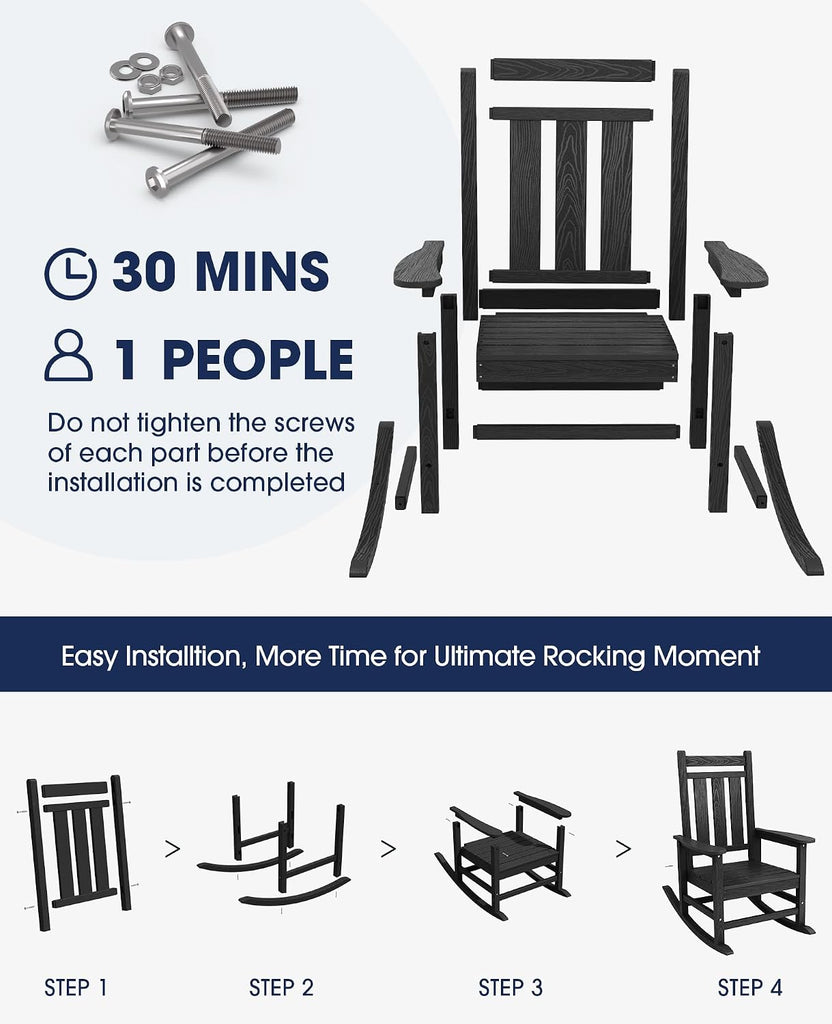 Oversized Outdoor Rocking Chair Set of 2, HDPE Patio Rockers, Black | | All-Weather Patio Rocking Chairs for Porch |