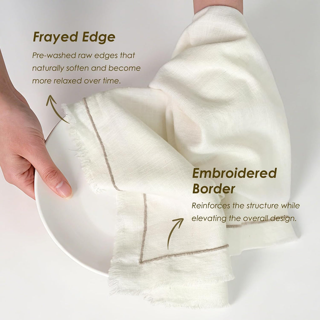 Linen World Dish Towels Set of 4, 20 x 28 Inch Linen Blend Kitchen Towel, Frayed Edge, Embroidered Border, Absorbent
