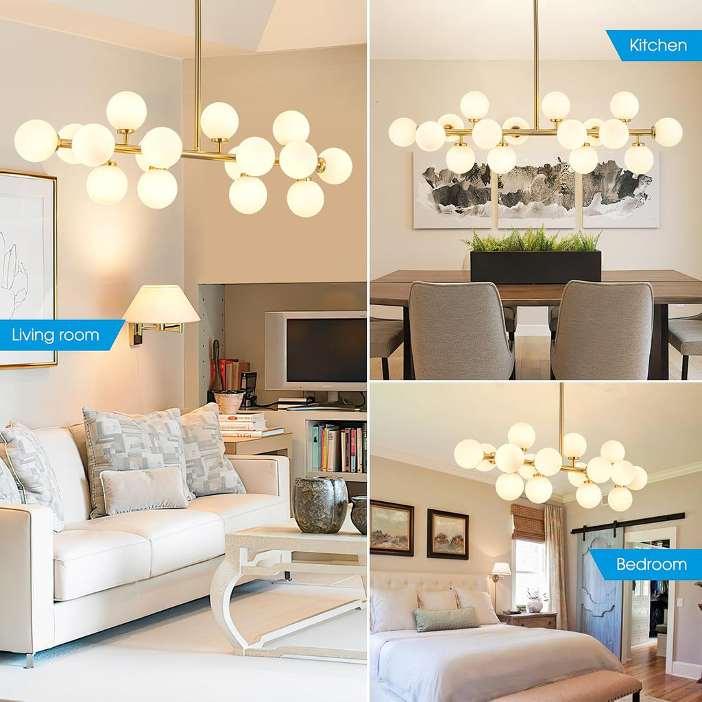 Modern Gold Chandelier Rectangle Pendant Light Sputnik Chandeliers Hanging Light Fixture 16-Light