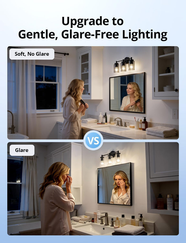 3 Light Bathroom Light Fixtures Modern, Black Over Mirror Lamp | 17.12", Smoky Glass, Soft Cozy Glow, Washroom Vanity