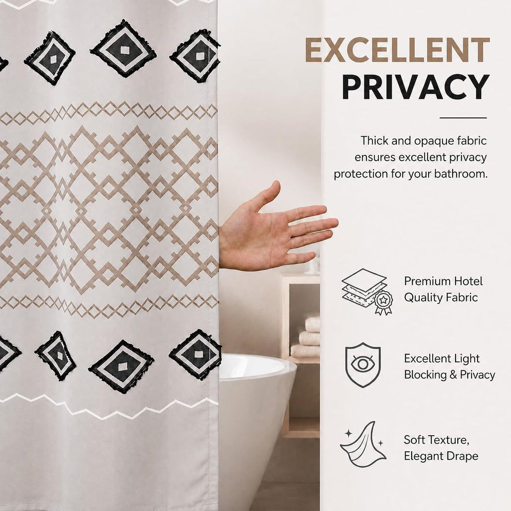 Boho Fabric Shower Curtain Set with 12 Metal Hooks, Modern Minimalist Geometric 3D Striped Textile Pattern Bathroom