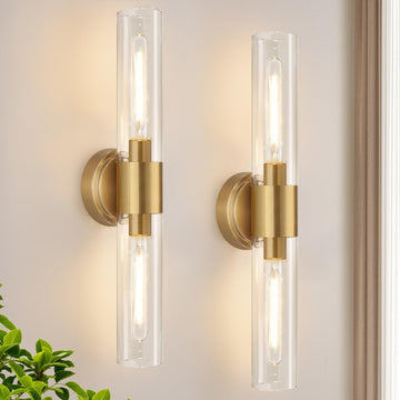 Wall Sconces Set of Two, Brushed Gold Bathroom Sconces Wall Lighting with Clear Glass, Hardwired Modern Sconces Wall