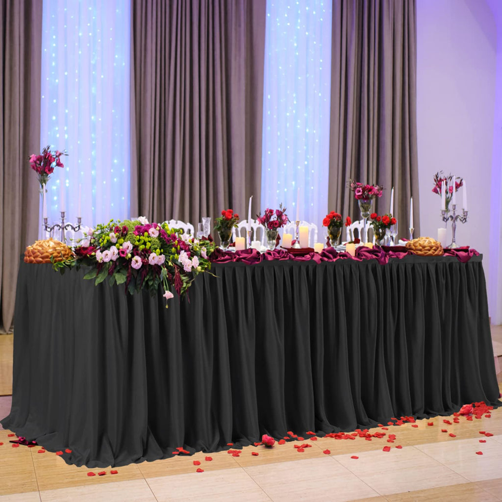 Black Polyester Table Skirt for Rectangle Tables 8ft, Wrinkle Resistant Pleated Ruffle Table Cloth for Banquet