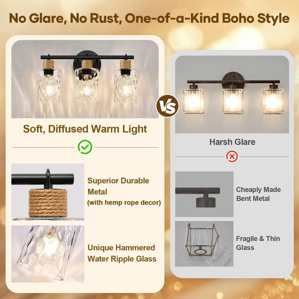 Bathroom Light Fixtures, 3-Light Coastal Vanity Lights with Crystal Glass Shade, Black Bathroom Wall Lamp for Mirror