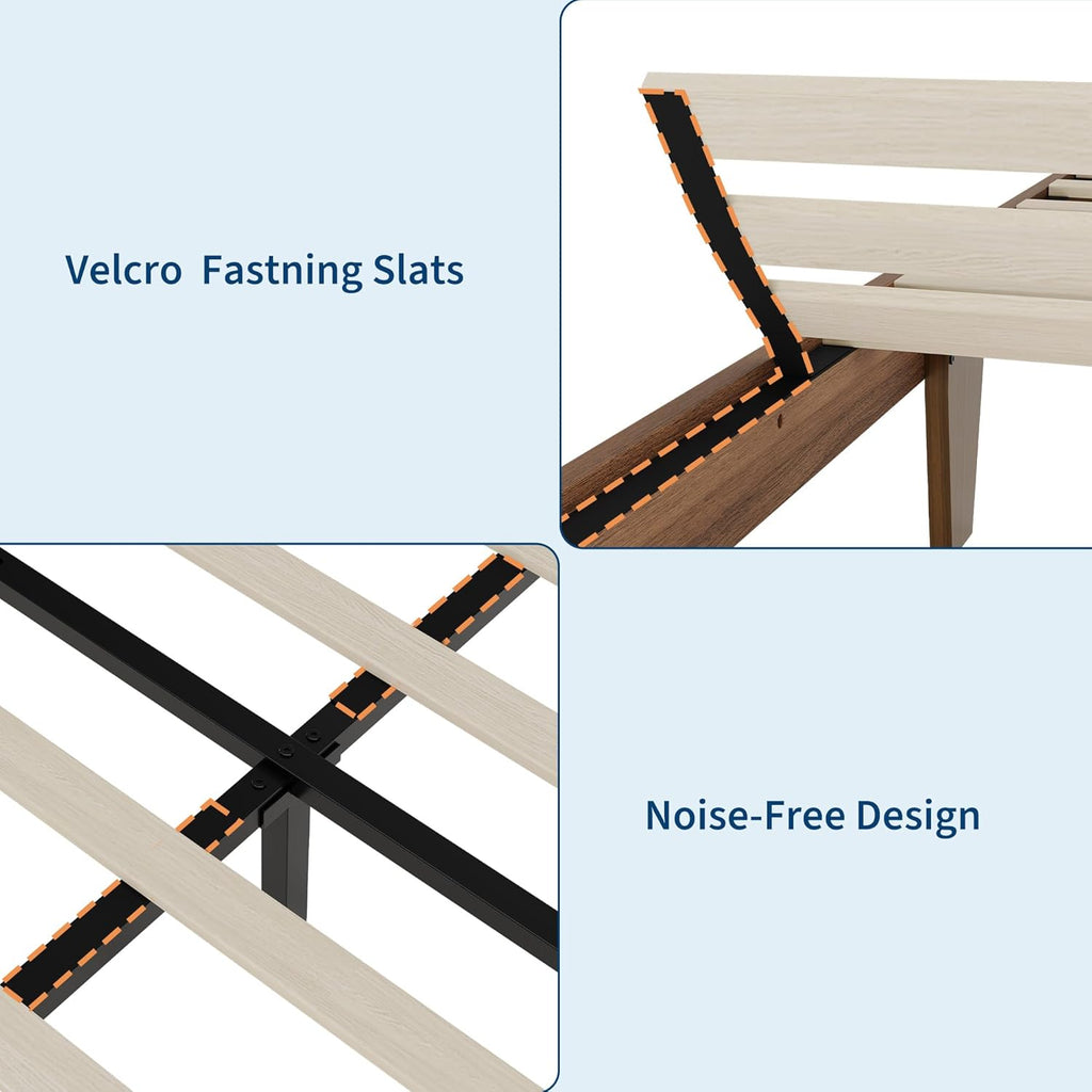 Wood Platform Bed Frame Queen, Solid Wooden Legs and Wooden Slats Support, Sturdy Metal Central Structure, No Box