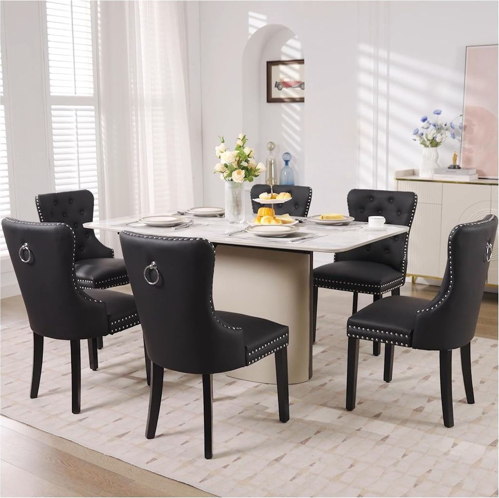 PU Leather Dining Chairs Set of 2, Upholstered Dining Room Chairs with Wooden Legs & Pull Ring, Modern Kitchen Chairs