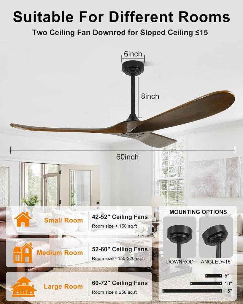 60" Wood Ceiling Fan no Light, Smart Ceiling Fans without Lights with Alexa Google App