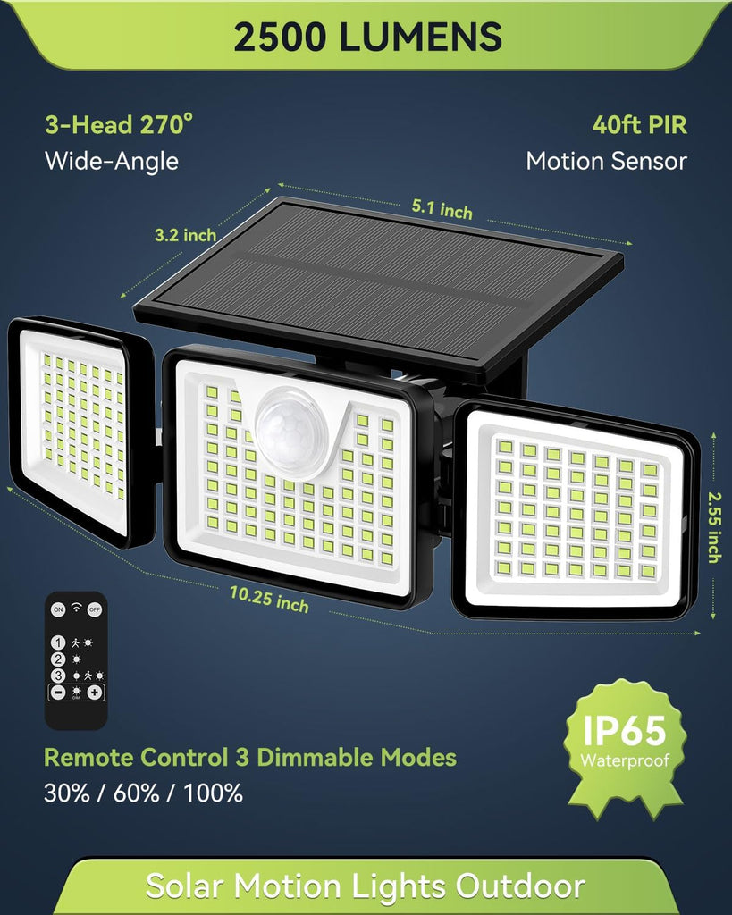 2500LM Solar Lights Outdoor with Motion Sensor,3 Head 270° Wide Angle Street Area Lights,IP65 Waterproof Security
