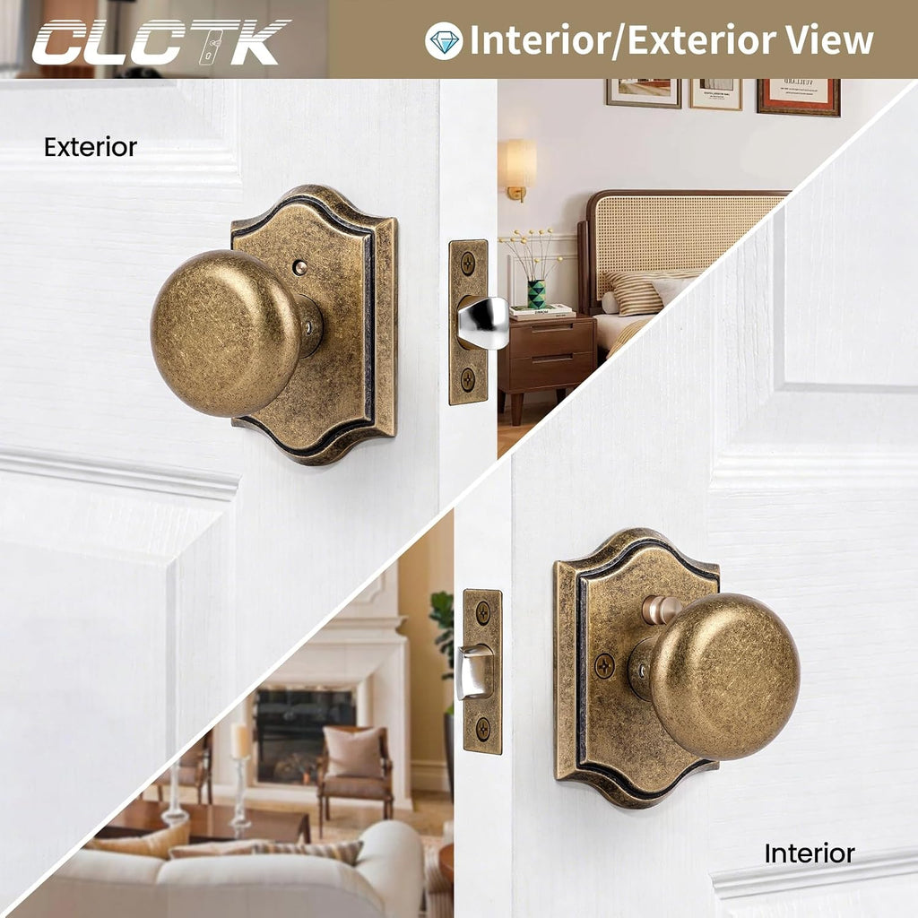 Antique Brass Door Knobs Interior with Lock, Vintage Privacy Antique Door Knobs Round Door Handles Bathroom, Zinc