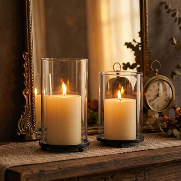 Hurricane Candle Holders Set of 2 - Pillar Candle Stands with Glass Sleeves for Fireplace Mantel & Dining Table