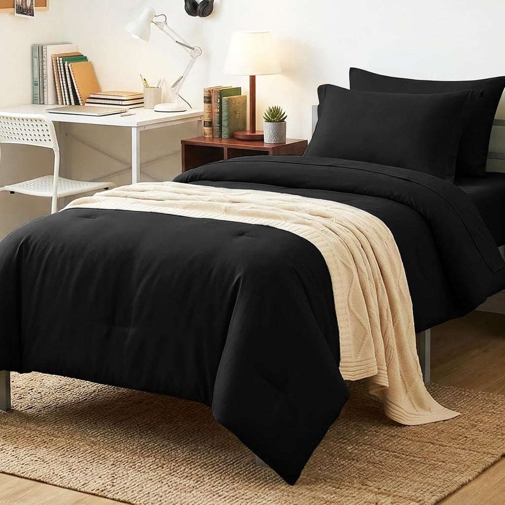 Full Comforter Set Black, 7 Pieces Bed in a Bag - Set of 7