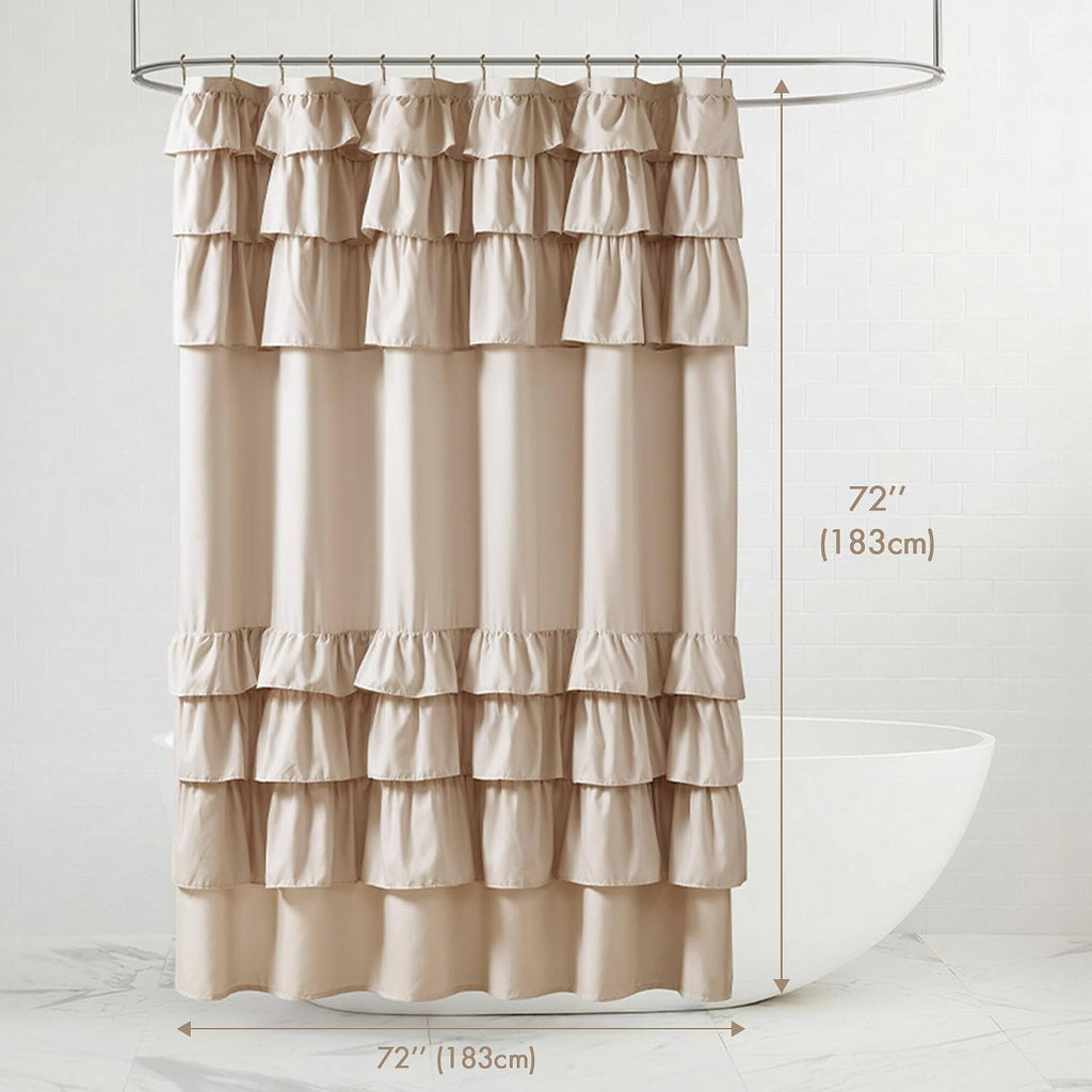 Grace Ruffle Shower Curtain , 72"x 72", Beige | Farmhouse Cottage Top, Machine Washable, Shabby Chic Ruffled Decor