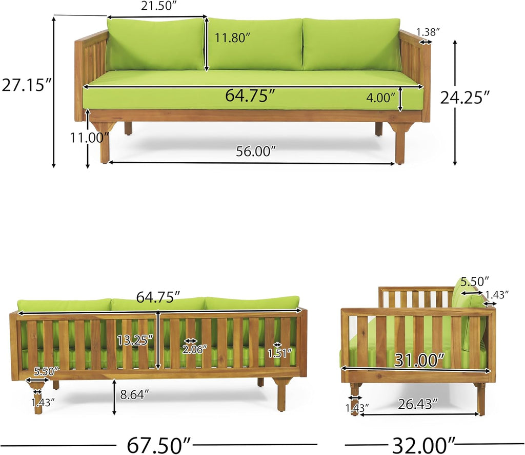 Outdoor Acacia Wood Conversation Set, 3-Seat Loveseat Sofa w/Coushion and Round Coffee Table for Backyard, Patio