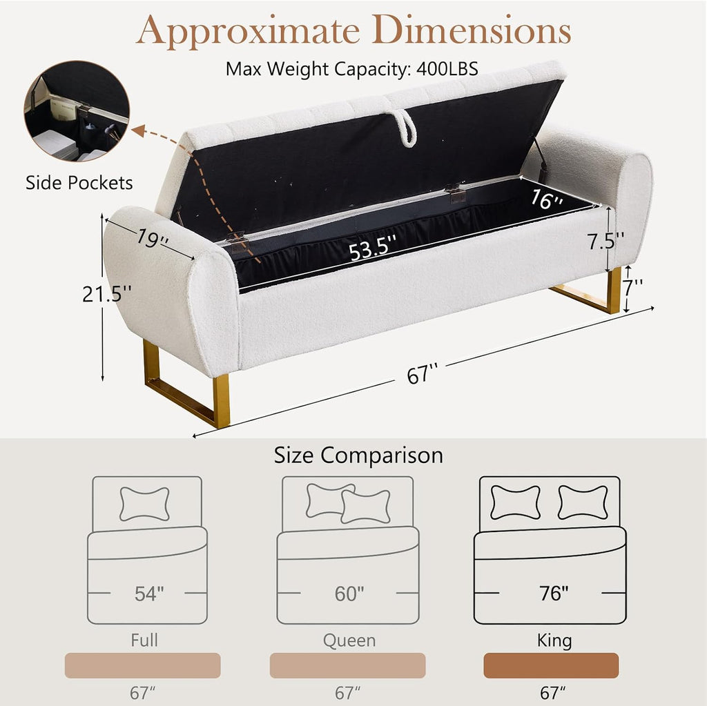 67'' King Size End of Bed Storage Bench ,Teddy Bedroom Benches for Foot of Bed King with Gold Legs, Storage Ottoman
