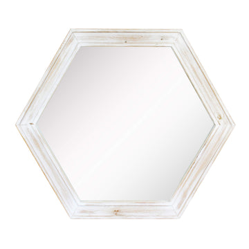 Decorative 24" Hexagon Wall Mirror with Worn White Wood Frame and Attached Hanging Bracket, Decorative Country Rustic