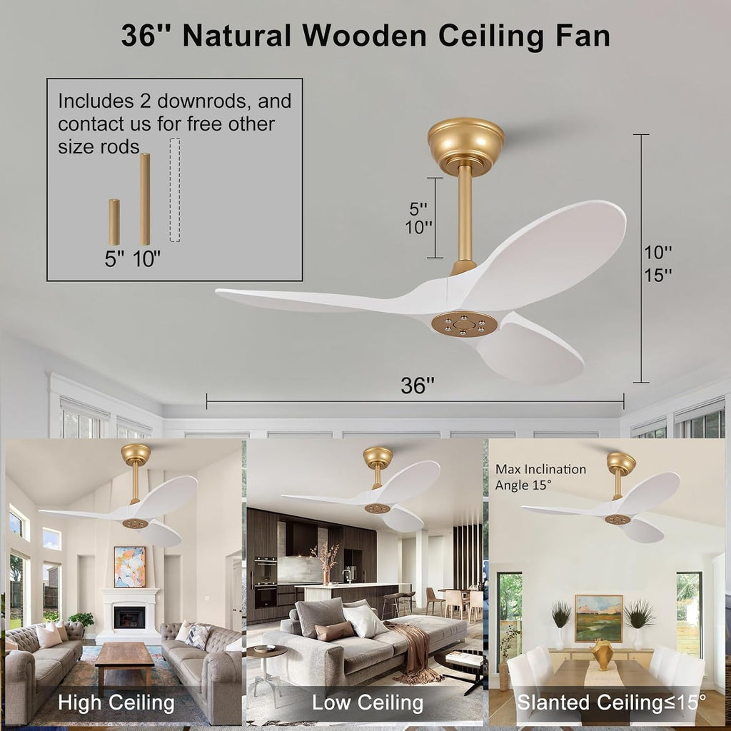 Inspired Maverick Style 36 Inch Solid Wood Ceiling Fan with Remote,White and Gold Ceiling Fan no Light, 6 Speeds, Reversible DC Motor, Modern Ceiling Fans without Lights for Outdoor Indoor Office Farmhouse Patios