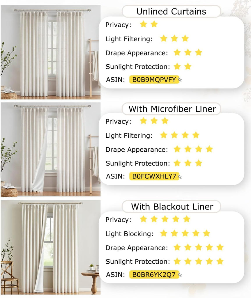 Natural Pinch Pleated Full Blackout Curtains Linen Blended Room Darkening Window Curtains for Living Room