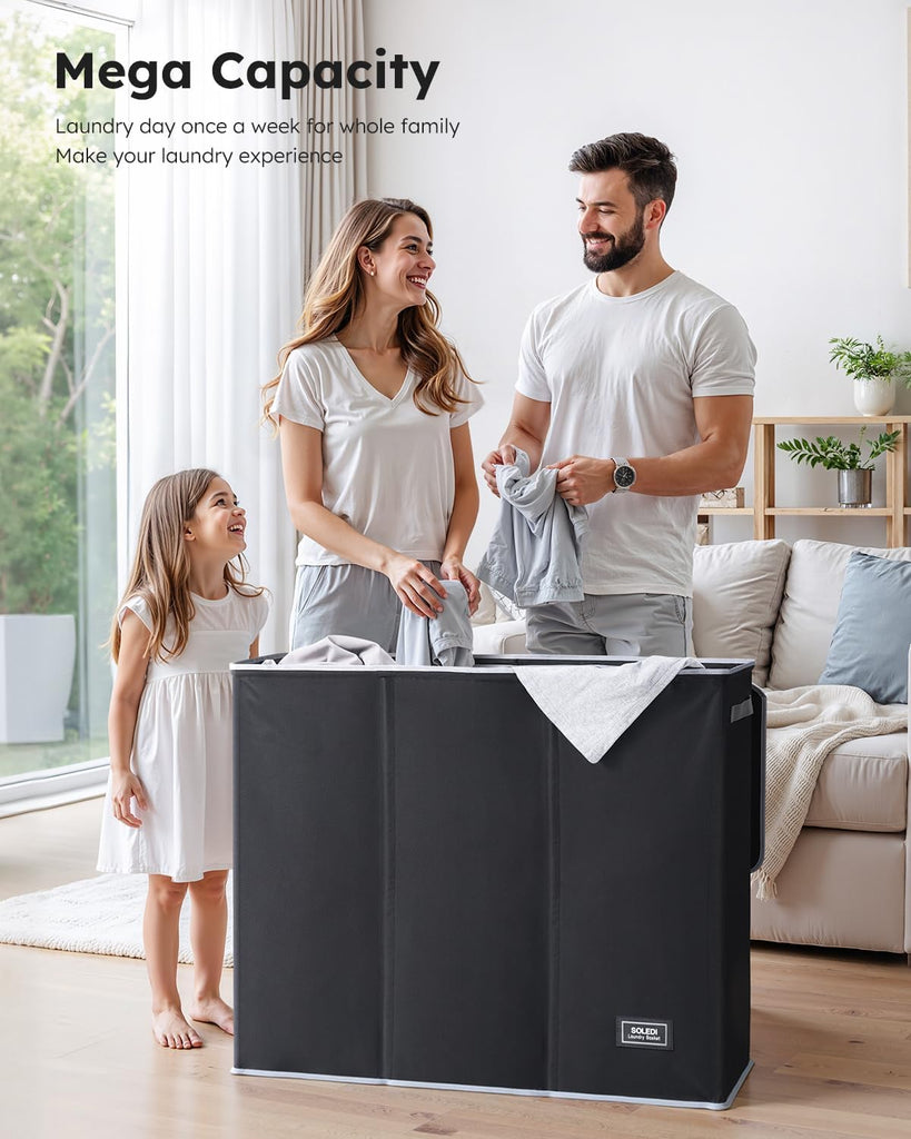 180L Laundry Hamper 3 Section, Extra Large Laundry Hamper with Lid, Dirty Clothes Hamper with Sturdy Handle, Large