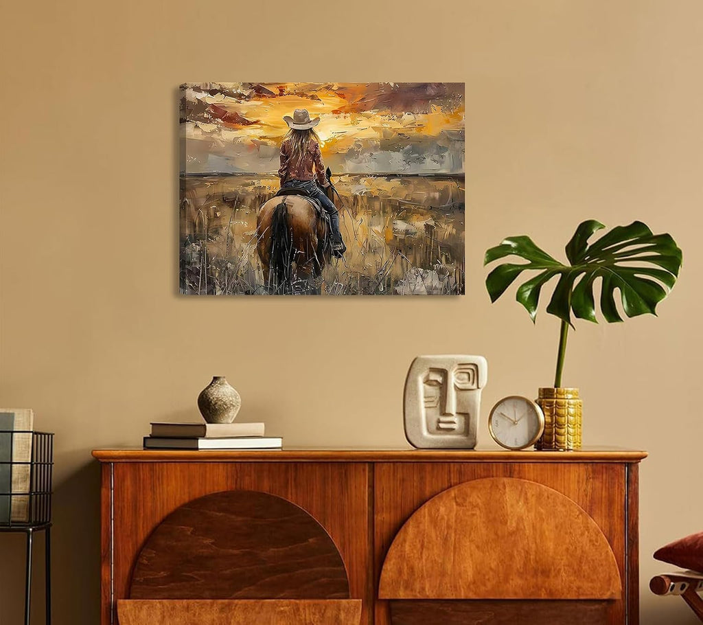 Western Cowgirl Riding Horse Canvas Wall Art Cowgirl Wall Decor Pictures Sunset Countryside Landscape Painting Print