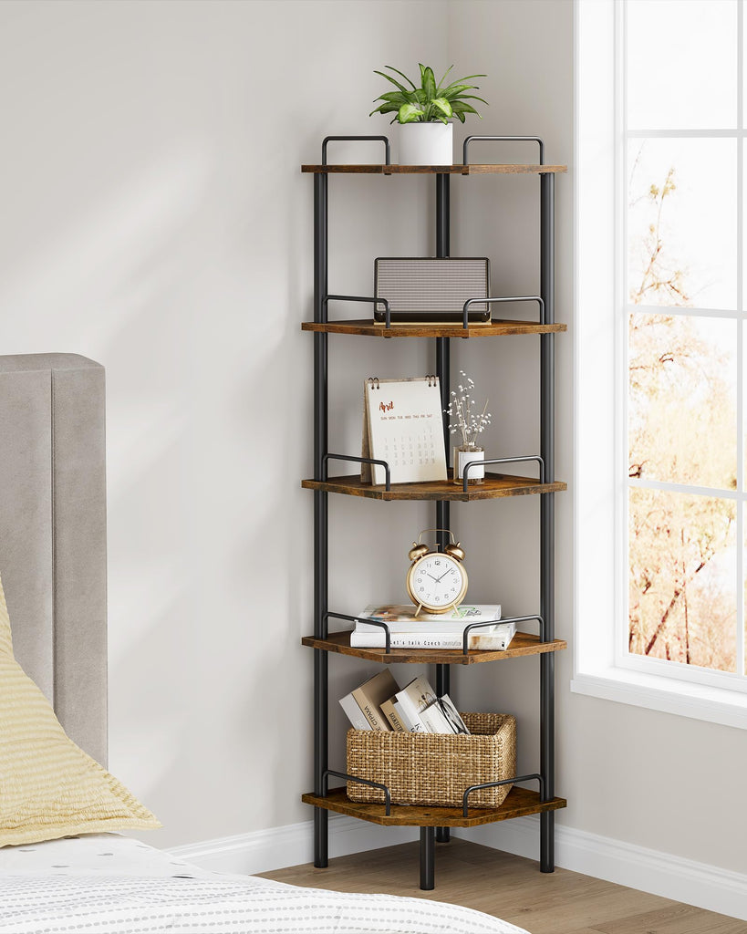 5 Tier Corner Shelf Stand, Small Corner Table, Rustic Brown