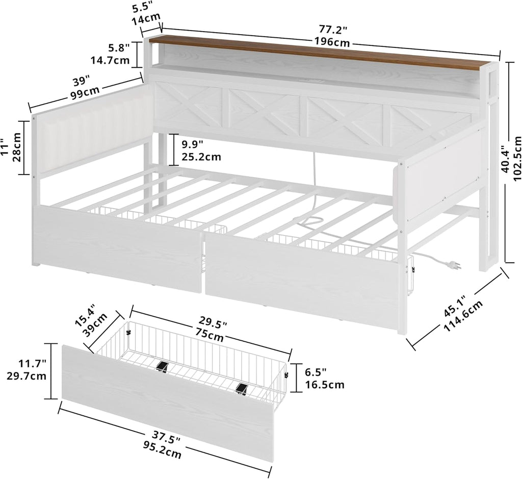 Twin Size Daybed with Storage Drawers, Sturdy Metal Bed Frame with X-Shaped Headboard and Charging Station