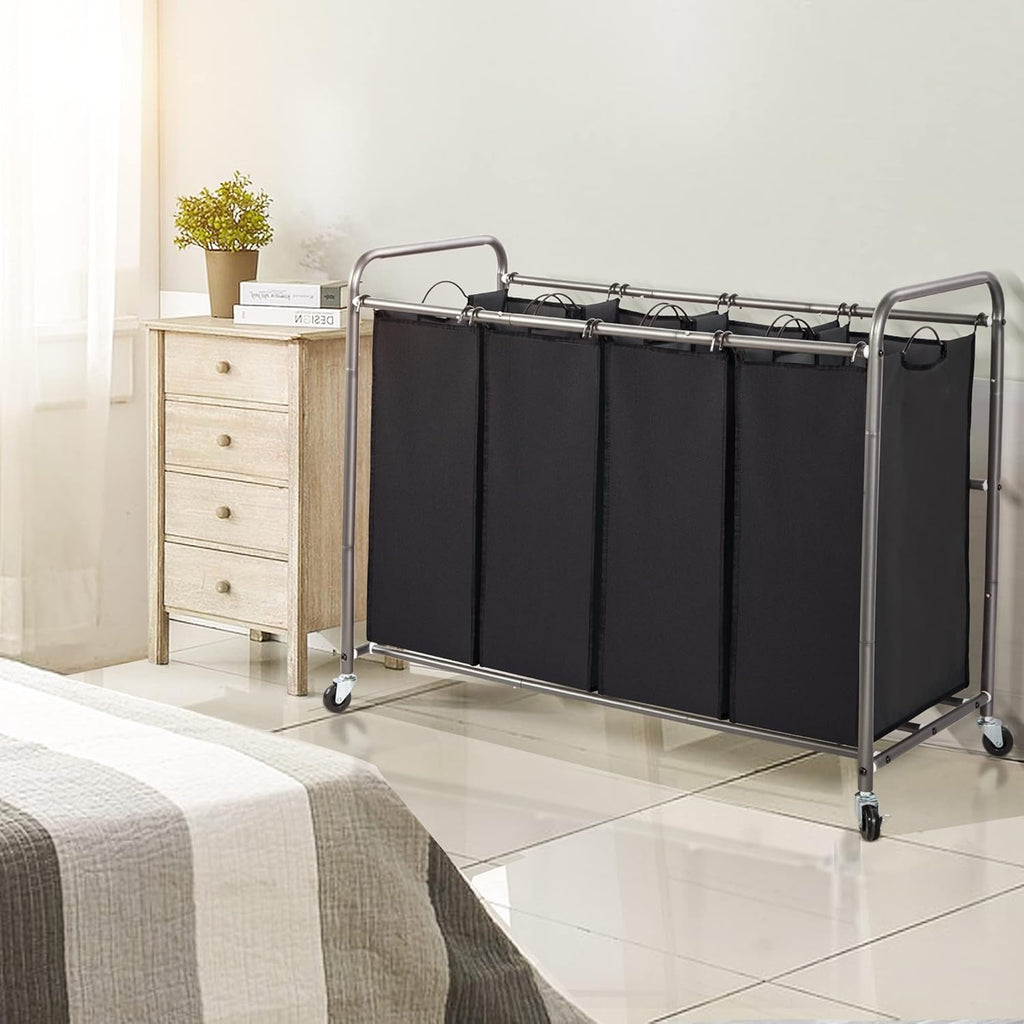 Laundry Sorter 4 Section, 4 Bag Clothes Hamper, Rolling Laundry Cart Basket with Heavy Duty Lockable Wheels and