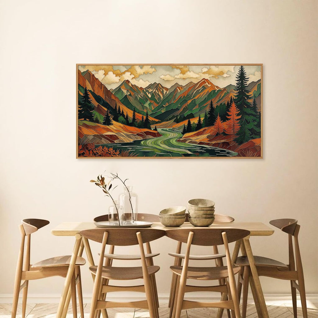 Abstract Boho Mountain Framed Canvas Wall Art Set,Vibrant Forest Pine Tree Wall Decor,Textured Landscape Artwork