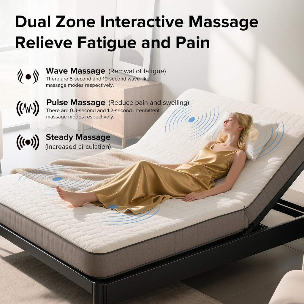 Queen Adjustable Bed Frame with Massage, Head & Foot Incline, Wireless Remote, Dual USB Ports & LED Night Light