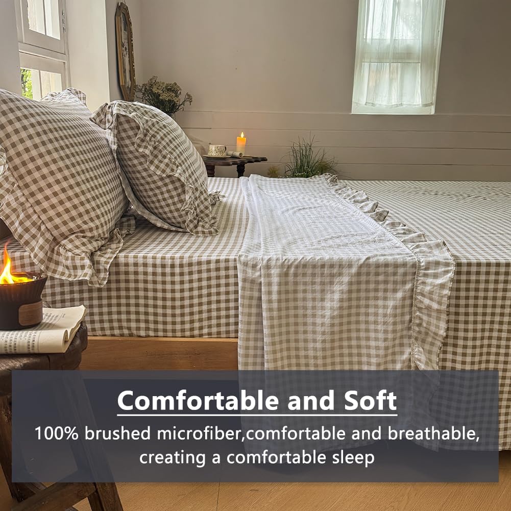 Tan Gingham Ruffle Sheet Set, Taupe Soft Pre-Washed Microfiber Plaid Bed Sheets, 4-Pieces Farmhouse Sheet