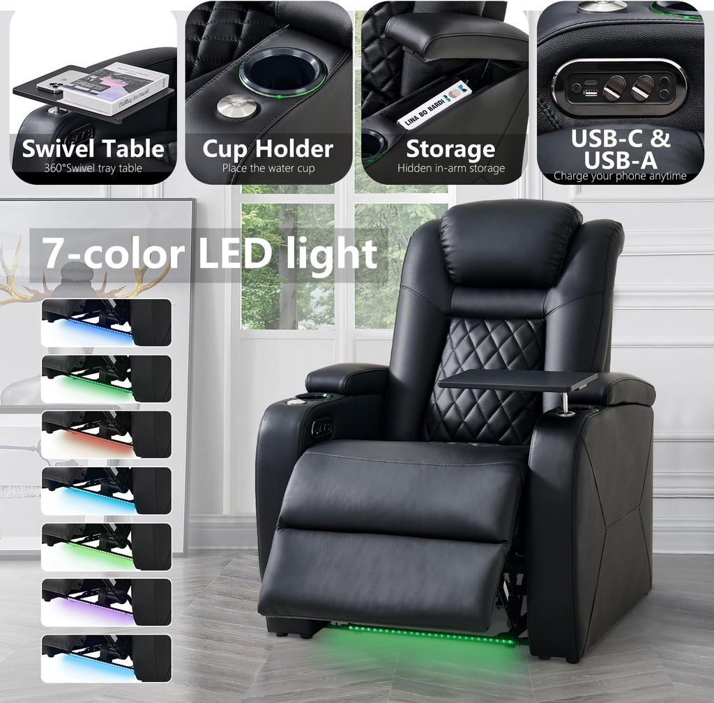 Home Theater Seating, Classic Series Leather Movie Theater Chairs, Power Headrest and Memory with C-Type USB Charger