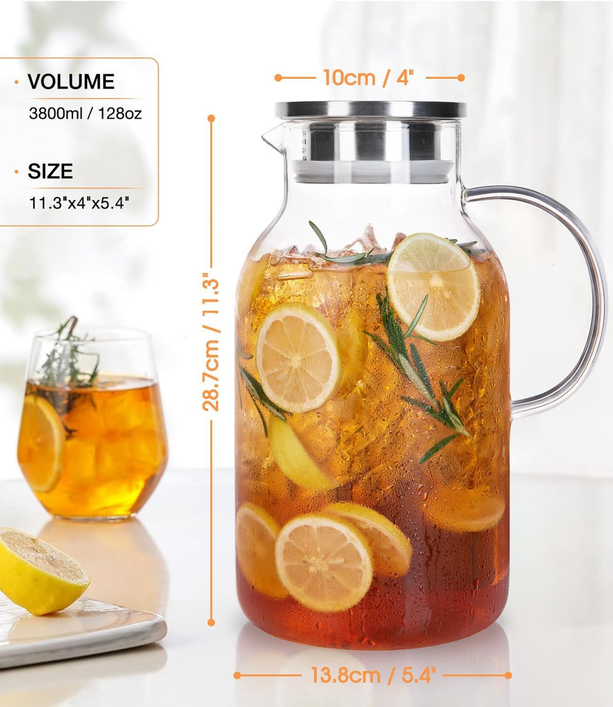 LUNA&MANTHA 1 Gallon Glass Pitcher with Lid and Spout, 128oz Water Pitcher with Handle for Fridge, Large Iced Tea Jug