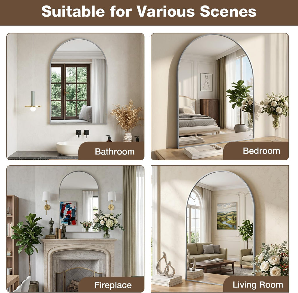 24"x36" Nickel Arched Bathroom Vanity Mirror 2Pack, Dark Brushed Frame with Arched Top and Clean-Lined