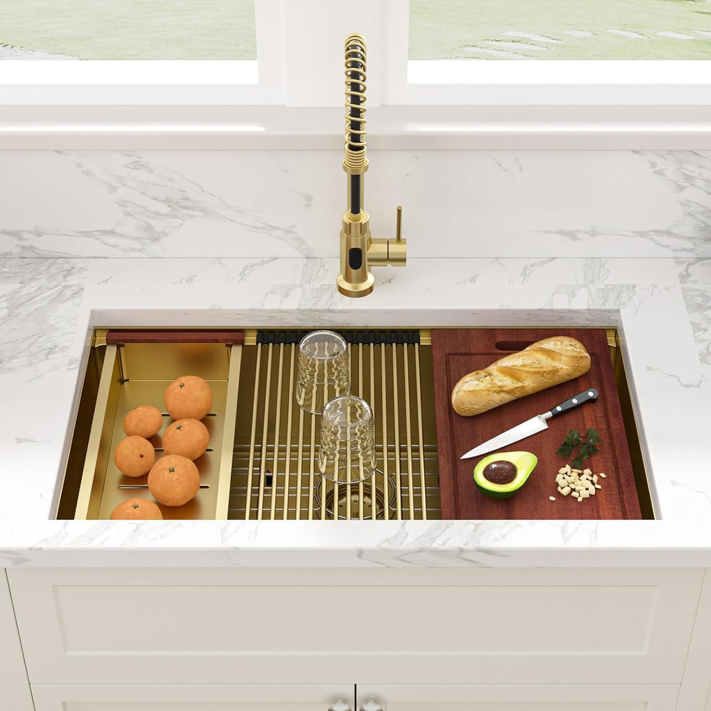 32 Gold Undermount Kitchen Sink 32" x19" Gold Sinks Workstation