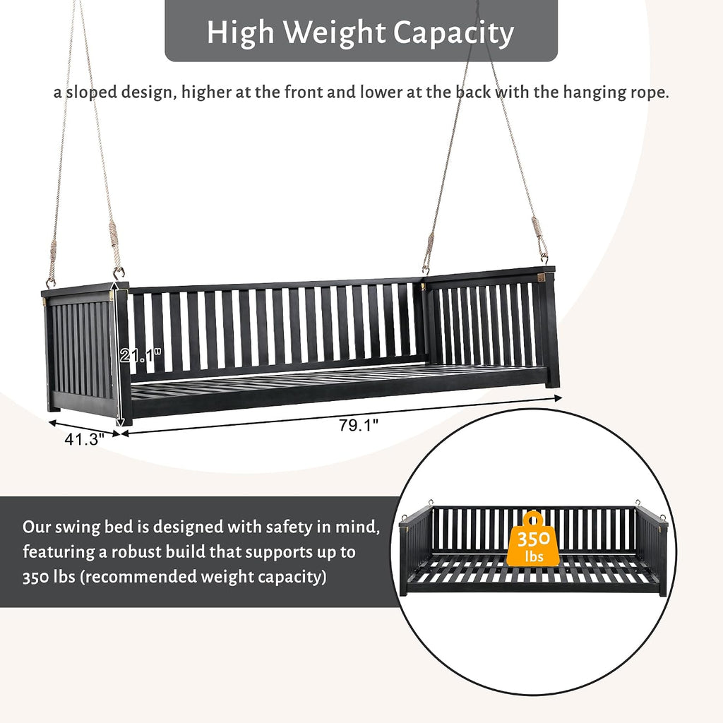 Black Wooden Porch Swing Bed with Safety Rails, 3-Seater Hanging Daybed Swing with Ropes, Outdoor Patio Bench Swing