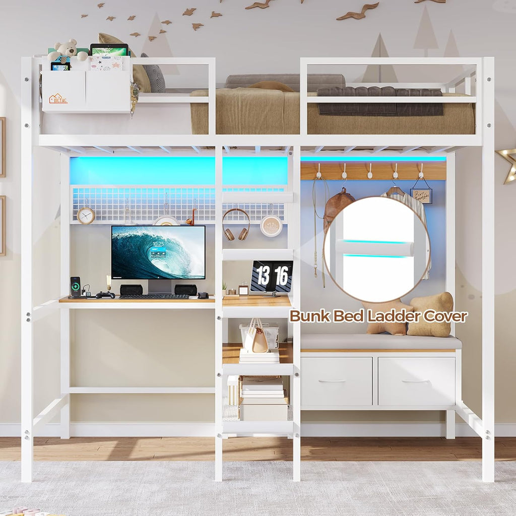 Twin Loft Bed with L-Shaped Desk, Storage Shelves and Charging Station Twin Metal Loft Bed with LED Lights and Coat