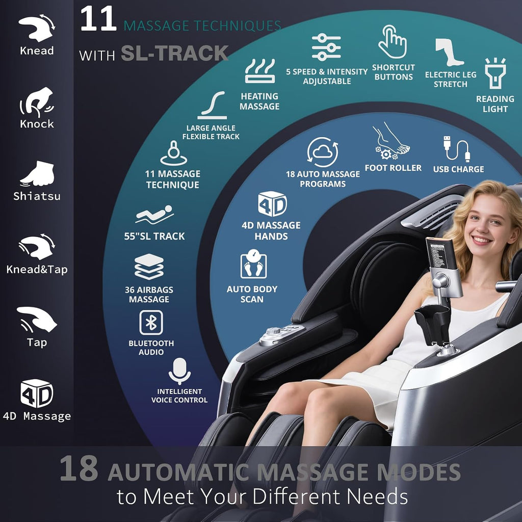 4D Massage Chair Full Body Zero Gravity 55" 166° Flexible SL-Track, Black | with Body Scan, Stretch, 36 Airbags, Heat