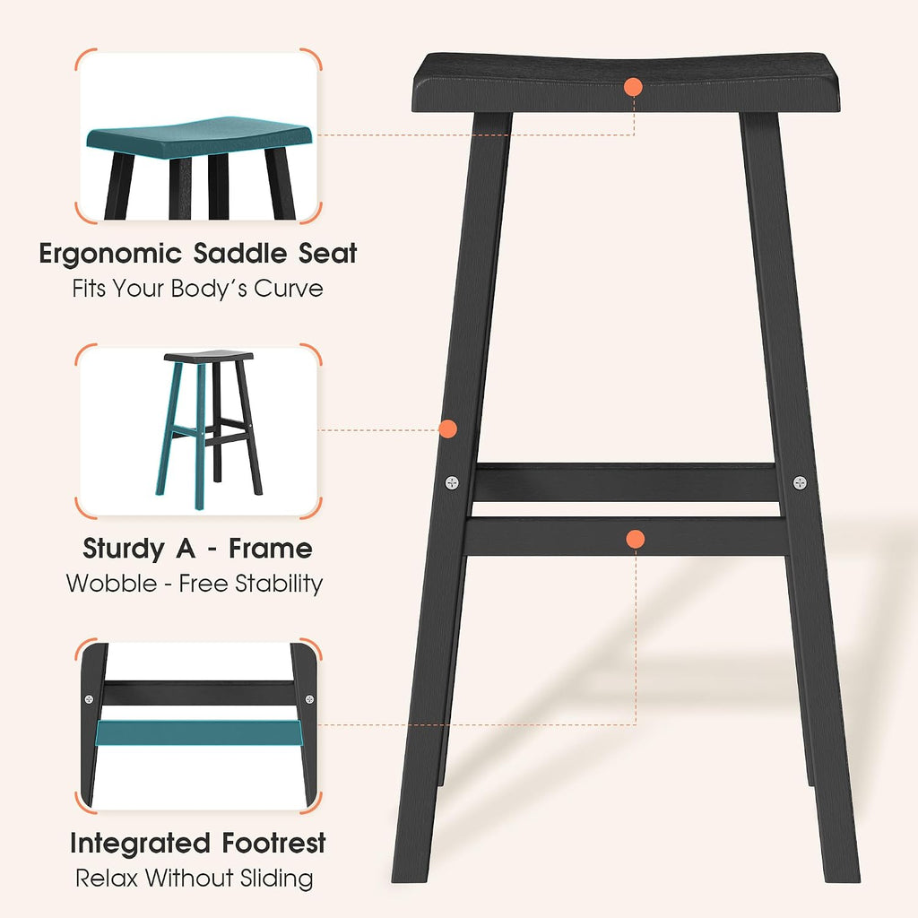 HDPE Weatherproof Bar Stools Set of 2-29 Inch Bar Height Stools with Curved Backrest, UV Resistant