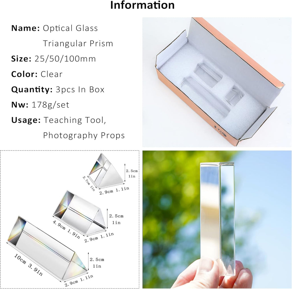 3pc Equilateral Crystal Prisms Set -1",2" & 4" Crystal Triangular Prism - Optical Prisms Glass Physics Teaching