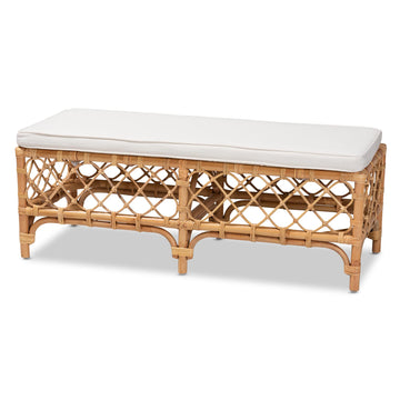 Orchard Natural Rattan Bench with White Cushion - 48" Boho Wicker Ottoman, Handwoven Cane Entryway Seat, or Hallway