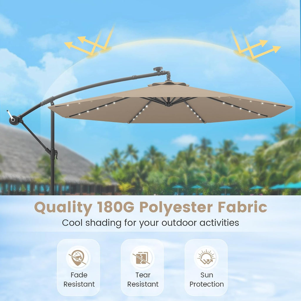 10FT Offset Patio Umbrella with Base Included, Outdoor Cantilever Umbrella with 40 Solar LED Lights, Tilt Adjustment
