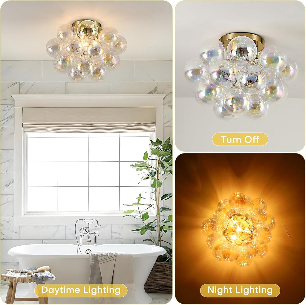 Bubble Glass Flush Mount Ceiling Light Mid Century Modern Gold Chandelier | Dimmable Bubble Lighting Fixture with 17