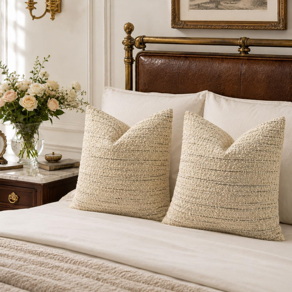 Neutral Throw Decorative Boucle Pillow Covers for Bed Couch Living Room, Striped Textured Luxury Accent Pillow Cases